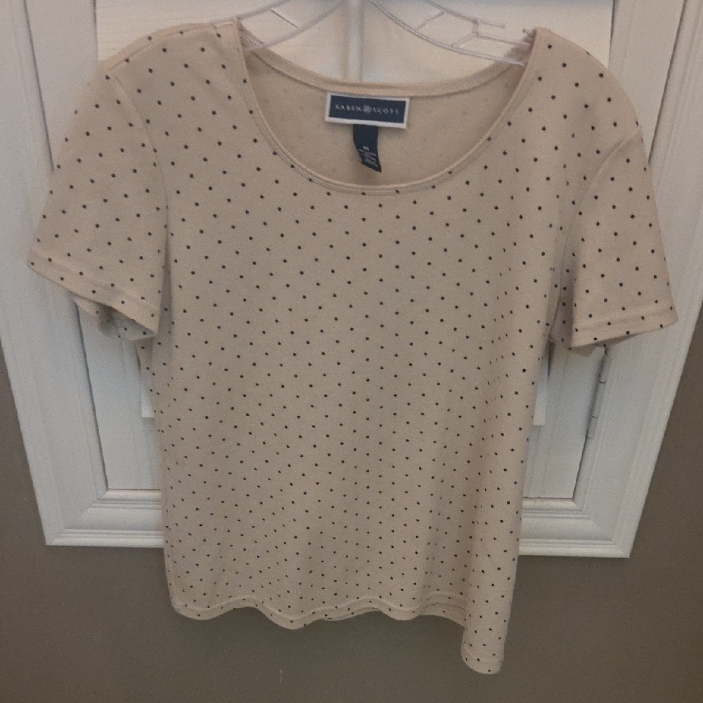 Karen Scott Beige Polka Dot Short Sleeve Scoop